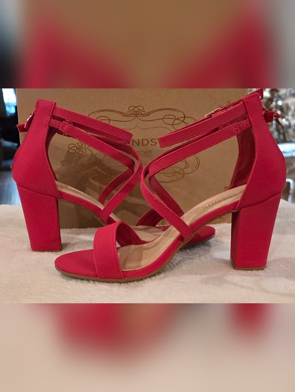 Strappy Red Block Heel Sandals with Ankle Zip